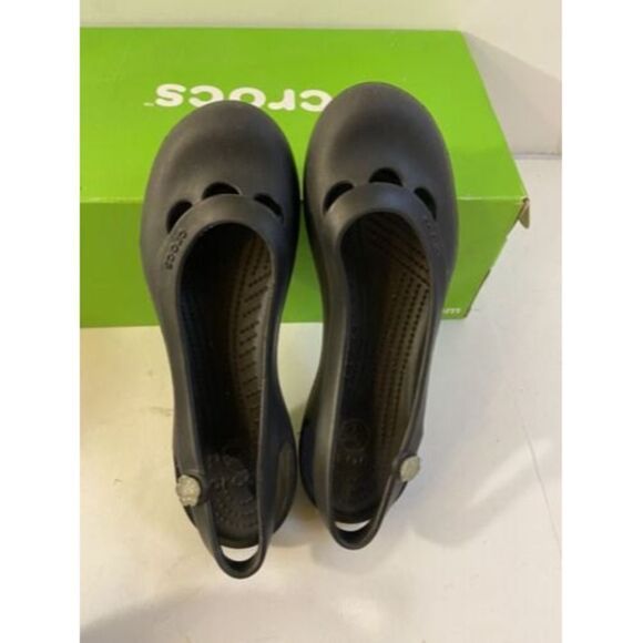 Crocs Womens Size 7 Black Round Toe Rubber Slingback Ballet Flats w/Flower - Picture 3 of 5